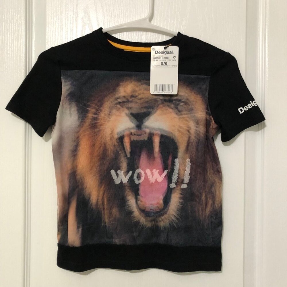 Desigual Kids Black T-Shirt With‎ Lion Print Short Sleeves Size 5/6 NWT